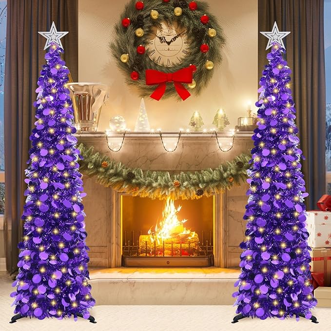 HMASYO 5 FT Pop Up Christmas Tree with Timer Lights, Purple Christmas Tinsel Tree, Collapsible Artificial Pencil Christmas Tree for Indoor Home Apartment Porch Holiday Party Decorations