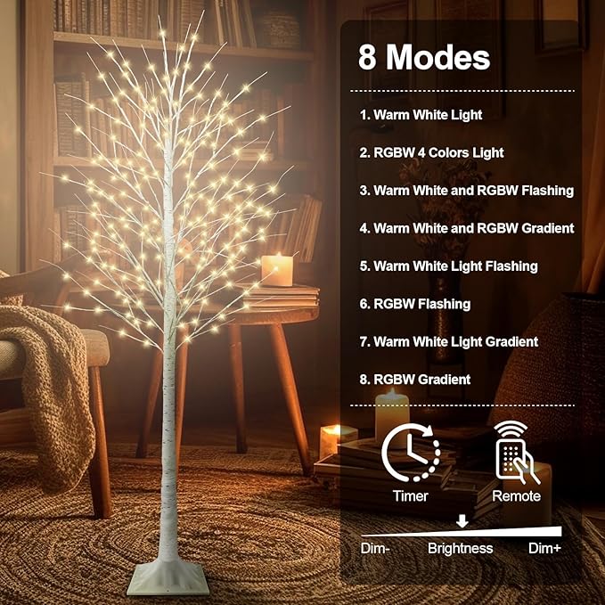 8FT Lighted Birch Tree with 210 LED Warm White and Multicolor Lights, 8 Modes, Timer Remote Faux Light Up Twig Christmas Tree for Indoor Outdoor Xmas Holiday Party Garden Decoration (2 Pack)