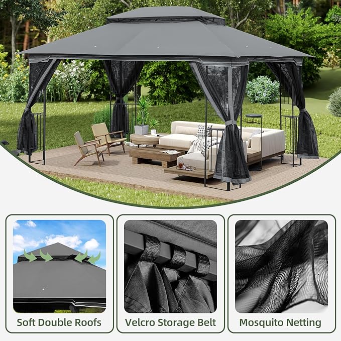ECOTOUGE 10' X 13' Outdoor Gazebo, Soft Double Roof Canopy Tent with Mosquito Netting, Party Tent Shelter with Corner Frame Shelves for Patio, Backyard, Deck, Grey