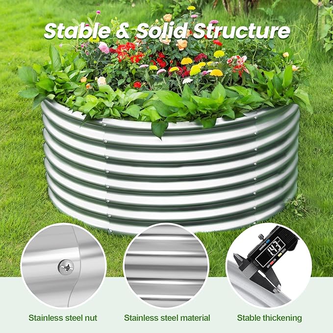 Land Guard 3×3×2ft Galvanized Raised Garden Bed Kit, Round Galvanized Planter Raised Garden Boxes Outdoor, Large Metal Raised Garden Beds for Vegetables, Silver