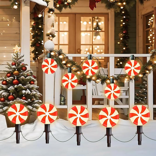 Ultimate Unicorn Christmas Lollipop Pathway Lights for Garden Christmas Decoration Red, 10 LED Peppermint String Lights with Stakes for Outdoor Sidewalk Pathway Rooftop Lawn Garden