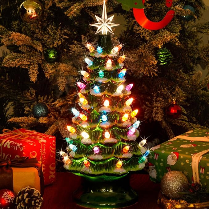 Lakumu 16.5" Table Top Christmas Tree, Hand Painted Resin Christmas Tree with Lights, Pre-lit Xmas Tree Decor Lighted Tabletop Decoration with Multicolored LED Bulbs, Ceramic-Like Finish