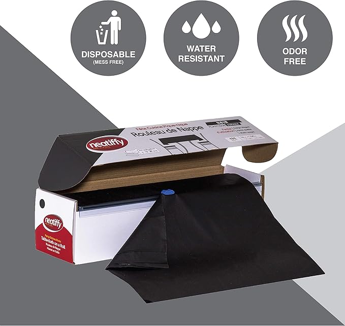 Neatiffy Disposable Plastic Table Cloth Roll | 54 in x 108 Ft Waterproof Tablecloth | Table Cover for Rectangle, Square, Round Oval Tables | Picnic, Party, Banquet, Birthdays, Weddings - Black