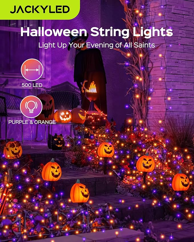 JACKYLED 180FT 500LED Halloween Lights, Outdoor String Lights 8 Modes & Memory Function, Orange and Purple Twinkle Tree Lights, Waterproof Plug in String Light for Halloween Party Outdoor Indoor Decor