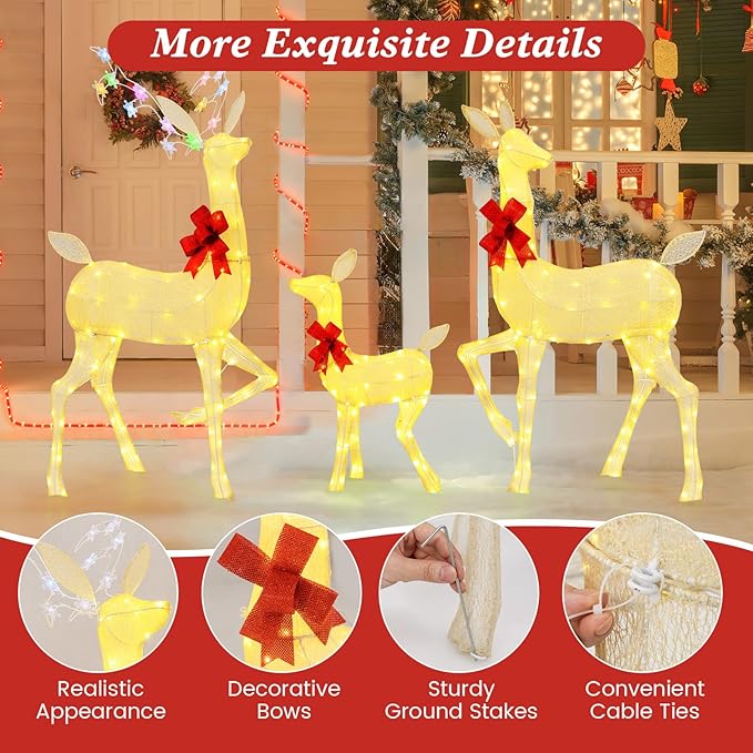 Tangkula 3 Pieces Christmas Lighted Reindeer Family Set, Indoor/Outdoor Christmas Decoration with LED Lights & RGB Flashing Lights, Ground Stakes, Light up Holiday Deer Decoration for Yard Lawn Party