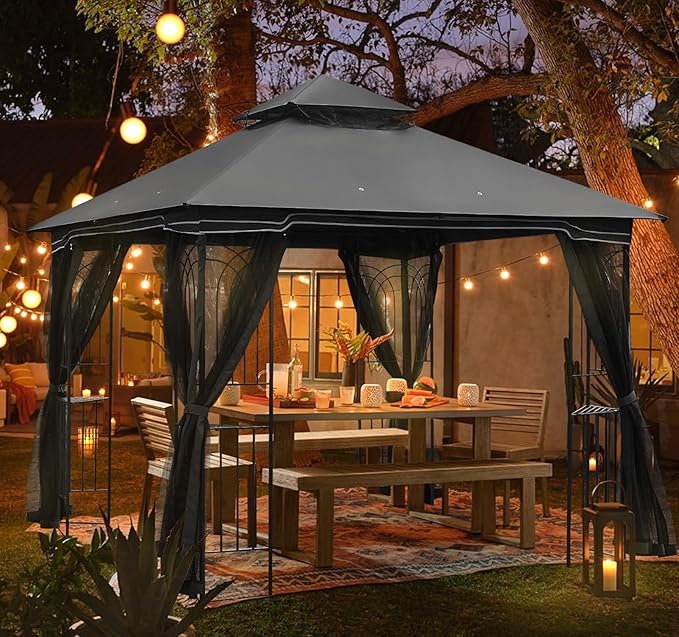 ECOTOUGE Outdoor Gazebo 10'x10', Heavy Duty Canopy Tent with Soft Double Roofs & Metal Corner Frame Shelves, Party Tent Shelter with Mosquito Netting for Patio, Deck, Backyard, Grey