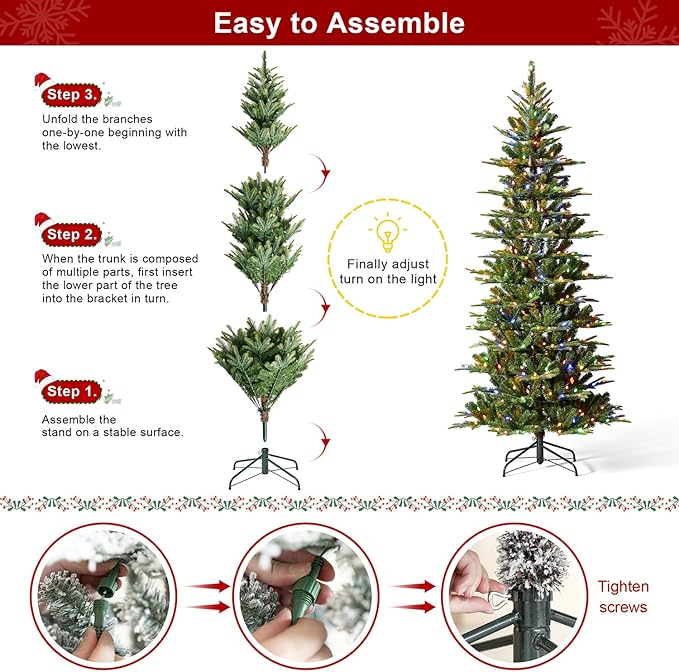 Glitzhome 7.5ft Pre-Lit Green Fir Christmas Tree, Cascade Evergreen Slim Artificial Holiday Christmas Tree with with 350 Strawberry Lights,9 Functional Warm White/Multi-Color, Remote Controller