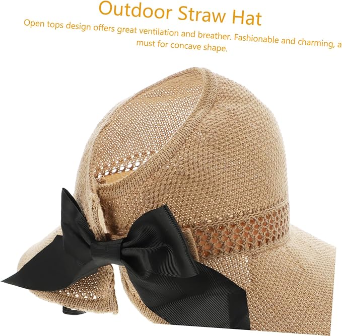 Foldable Bowknot Straw Sun Hat for Women Lightweight Wide Brim Beach Visor for Outdoor Activities Breathable Summer Sun Protection Accessory Portable Garden and Hiking Cap Khaki