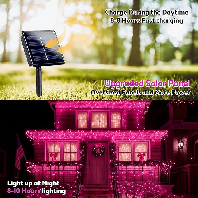 Extra-Long 144FT Solar String Lights for Outside, 2 Pack 400LED Solar Christmas Lights Outdoor, Waterproof Copper Wire with 8 Modes Twinkle Fairy Lights for Tree Garden Party Xmas Decor (Pink)