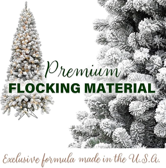 Fraser Hill Farm 7.5-Ft. Alaskan Pine Flocked Artificial Christmas Tree with White Incandescent Smart Lights and Stand, Prelit Foldable Fake Tree with Realistic Snowy Foliage for Home Decoration