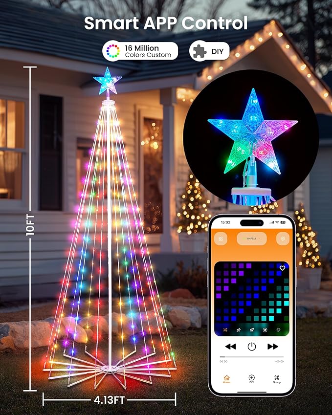 Christmas Cone Tree, 10FT 682 LEDs with Smart APP and Local Control, DIY Pattern and Text Displayable, IP65 Waterproof RGB Outdoor String Lights for Porch Yard Indoor Outdoor Decorations