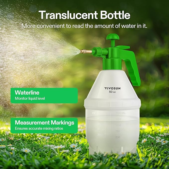 VIVOSUN 50oz Pump Sprayer, Handheld Garden Water Sprayer Bottle with Adjustable Brass Nozzle, for Spraying Plants, Flowers, Weeds and Cleaning, Green