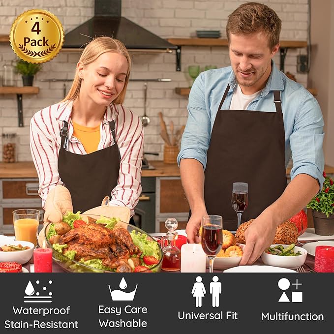 4 Packs Chef Apron, Waterproof Apron, Adjustable Aprons with 2 Pockets for Men Women, Professional Aprons for Kitchen Cooking Gardening Painting Baking Restaurant (Coffee)