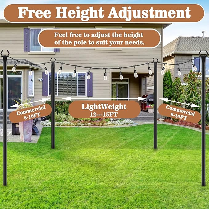 6 Pack String Light Poles,Metal Poles for Hanging Outdoor Light Strings,7 Pack 10 FT Light Poles Stand for Outside Garden,Patio,Wedding,Backyard,Deck,Party