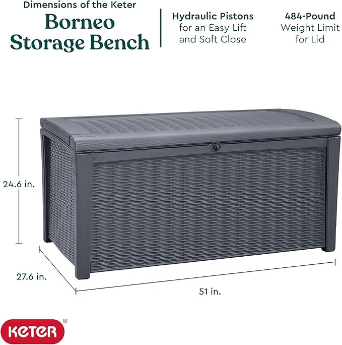 Keter Borneo 110 Gallon Storage Box, All-Weather Wicker Rattan-Style Resin Deck Box and Stylish Outdoor Bench with Piston-Assisted Lockable Lid, Grey