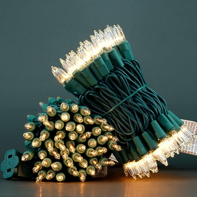 YULETIME 200 Clear Christmas Lights with Green Wire, Pack of 2 Strands of 21 ft 100 Count UL Certified Incandescent Mini String Light (Clear - Green Wire)