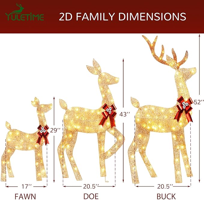 YULETIME 3-Piece Pre-lit 2D Christmas Reindeer Family, Lighted Glitter Christmas Deer Holiday Decoration with Warm White LED Lights