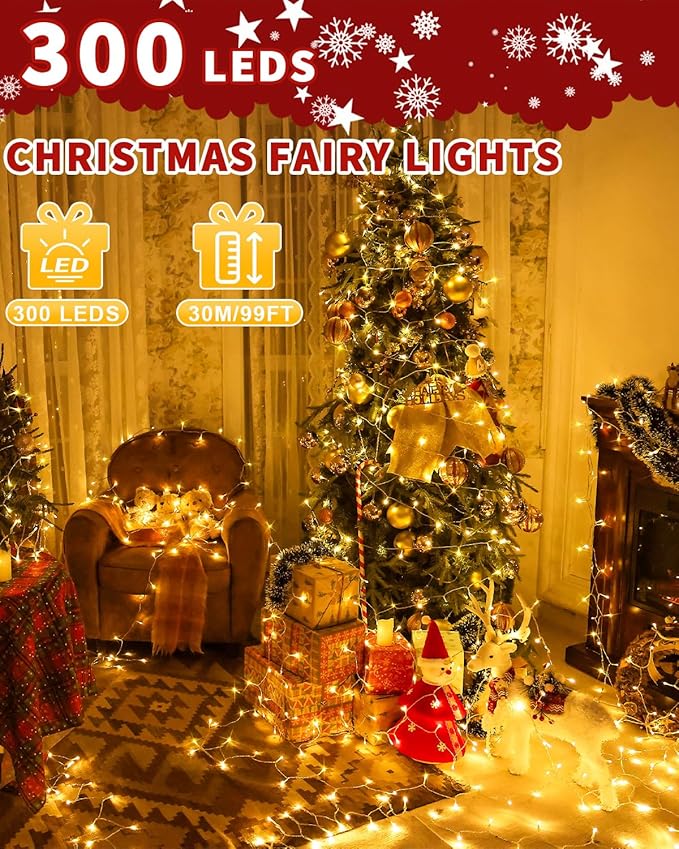 300 LED 108FT Christmas Lights String Outdoor Indoor, Warm White Xmas Tree Lights, Plug in Twinkle Fairy Light with Remote Timer Dimmable for Room Yard Holiday Party Wedding Camping Decor