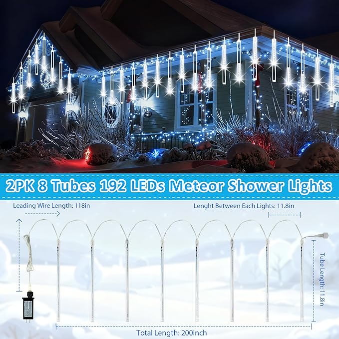 2-Pack Christmas Lights Outdoor, 16Tubes 384LEDs Extendable Meteor Shower Lights, Falling Rain Light Waterproof Plug in Tree Light for Christmas Backyard Garden Patio Xmas Decoration (Cool White)