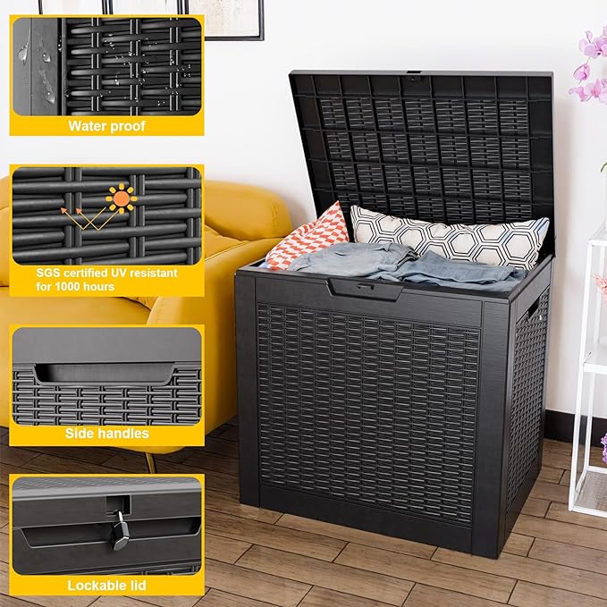 31 Gallon Waterproof Outdoor Resin Deck Box with Lockable Lid, Stylish Wicker Pattern, Easy Assembly Features and Convenient Handles For Patio Cushion, and other Patio Furniture (Black)