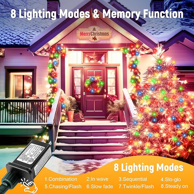 Minetom 328 Ft 1000 LED Christmas Tree Lights Outdoor Indoor String Lights with 8 Modes Waterproof Twinkle Xmas Light with Remote, Plug in Rice Lights for Tree Room Christmas Decorations, Multicolor