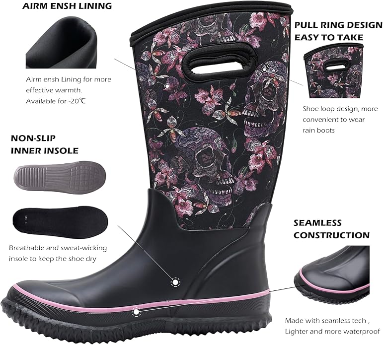 WTW Mid Calf Rain Boots for Women - Waterproof Insulated Neoprene Mud Boots Outdoor Hunting Garden Boots