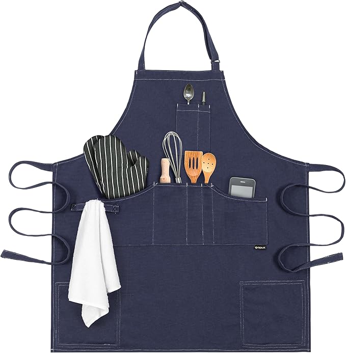 opux Chef Apron for Men, Kitchen Apron with Pockets for Women, Large Unisex Canvas Apron for Cooking Grilling BBQ Baking.