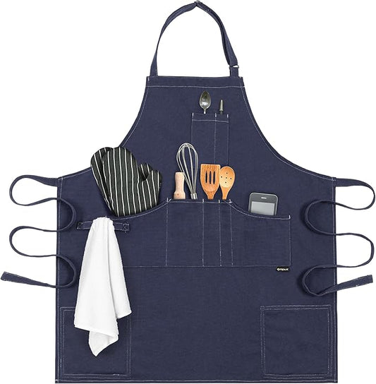 opux Chef Apron for Men, Kitchen Apron with Pockets for Women, Large Unisex Canvas Apron for Cooking Grilling BBQ Baking.