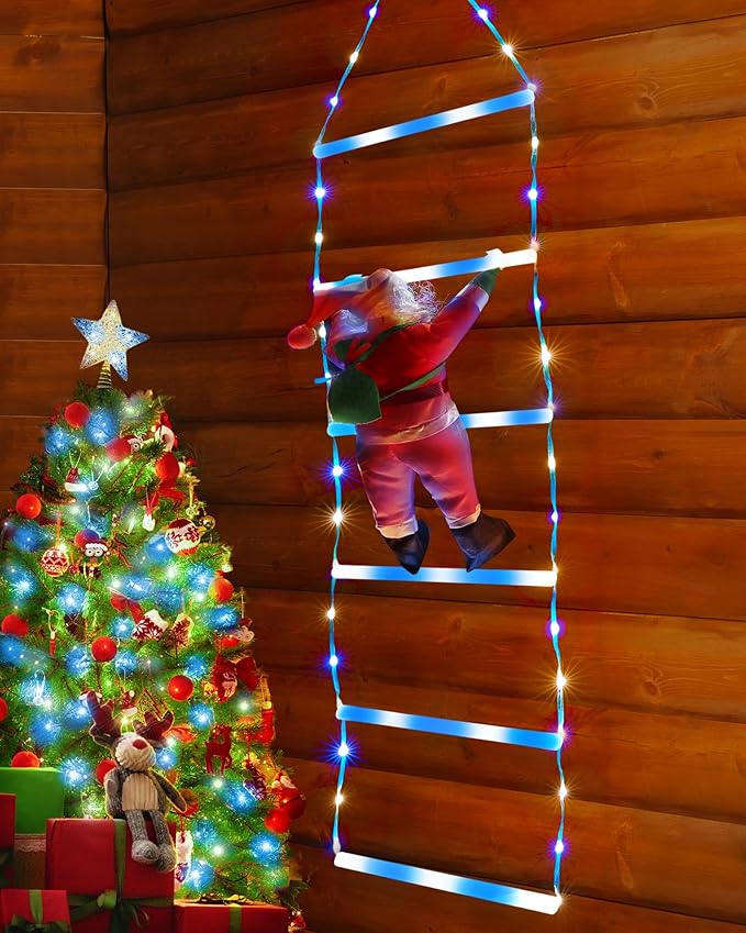 Toodour LED Christmas Light - 2.5FT Christmas Decorative Ladder Lights with Santa Claus, Xmas Decorations Light for Indoor Outdoor, Window, Garden, Home, Wall, Xmas Tree Decor - White & Blue