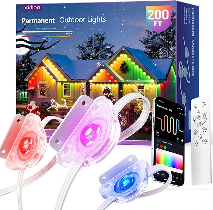 addlon 200FT Permanent Outdoor Lights, RGB+IC Smart LED Outdoor Lights for House, App & Remote Control, DIY Scene Mode, IP67 Waterproof Christmas Light, Holiday, Party, Halloween Decorations