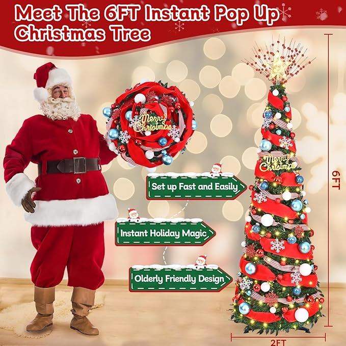 Dolicer 6FT Pop Up Artificial Christmas Tree with Lights & Remote, Collapsible Easy Christmas Tree with 200 Warm White & Colorful LED Lights, Foldable Xmas Tree for Small Space