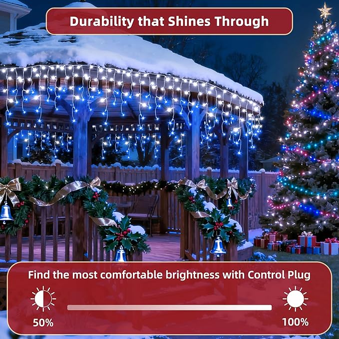 810 LED Christmas Lights Outdoor 82FT with 180 Drops, Christmas Decorations Hanging Lights 12 Modes, Dimmable Outsite Fairy String Lights for Wedding Party Holiday Winter Wonderland Decor Blue & White
