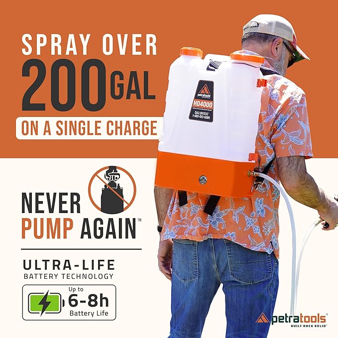 PetraTools Battery Powered Backpack Sprayer 4 Gallon - 6 Hours Long Battery Life & Padded Straps for Comfort - HD4000 Electric Backpack Garden Sprayer with 8 Spray Nozzles & 90PSI Pump (HD4000 ProKit)