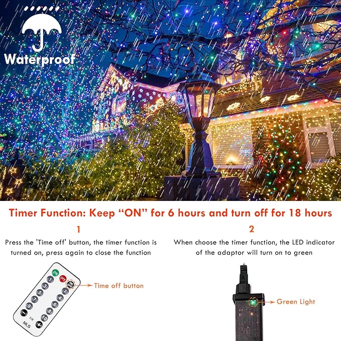 82FT 200 LED Color Changing Christmas String Lights with Remote & Timer & Memory Function, 8 Lighting Modes Waterproof Fairy String Lights for Xmas Tree Holiday Party Garden (Warm White & Multicolor)