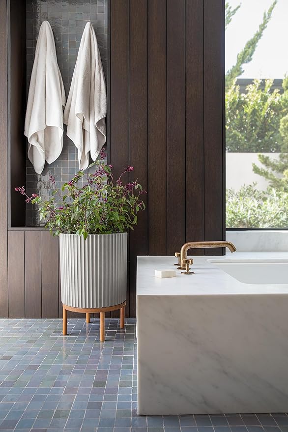 Veradek Demi Series Round Planter w/Stand for Porch/Patio | Durable Plastic-Stone Composite & Wooden Stand | Modern Décor for Tall Plants, Flowers