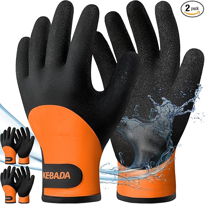 Kebada T2 Waterproof Work Gloves for Men and Women, Thermal Warm Winter Working Gloves, Insulated Freezer Gloves for Cold Weather, 100% Latex Coating, Wrist Closure, 2 Pairs, Orange, X-Large