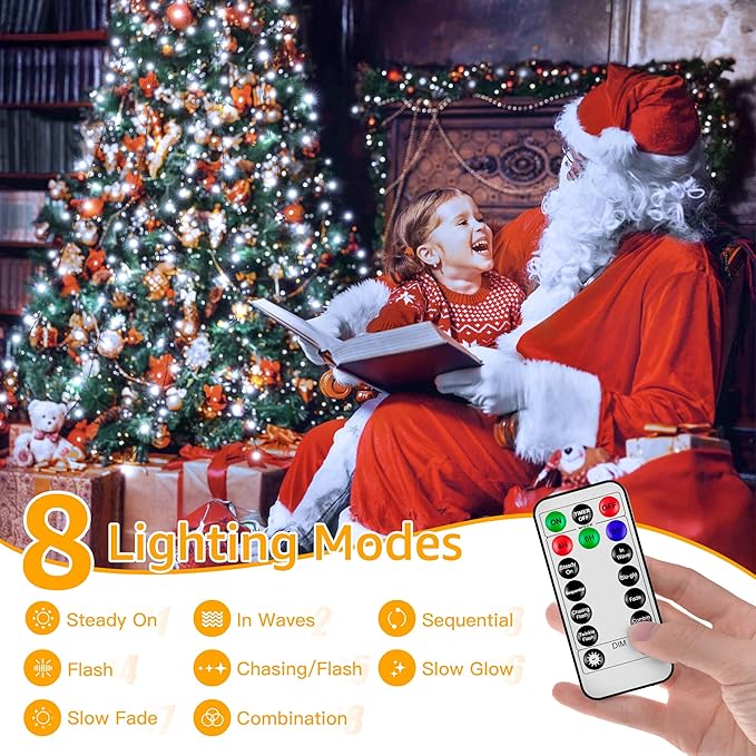 Christmas Tree Lights with Remote, 300 LED 8 Lights Modes with Timer& Memory Function, White Christmas Lights Waterproof for Outdoor Indoor Christmas Decorations