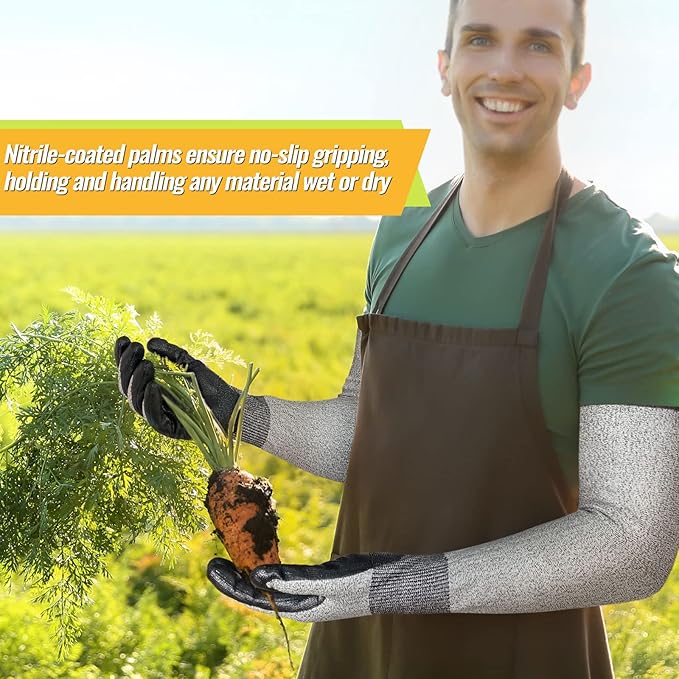 Evridwear Long Gardening Gloves Cut Resistant Sleeves with Anti-slip Nitrile Coated Palm for Gardening and Landscaping