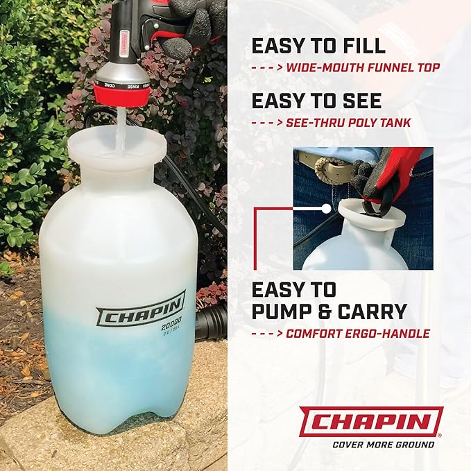 Chapin 20002 Pump Sprayer, 2 Gallon, Lawn and Garden, Hand Pressurized, Anti-Clog Filter, Adjustable Spray Nozzle, Spraying Plants, Watering, Weeds, Fertilizer and Pests, Translucent