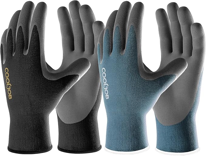 COOLJOB 2 Pairs Micro-Foam Nitrile Safety Work Garden Gloves with Touchscreen Fingers, Lightweight Working for Men’s Sweaty Hands, Non-slip Coated Grip Fits Most Tasks, Large, Blue & Black