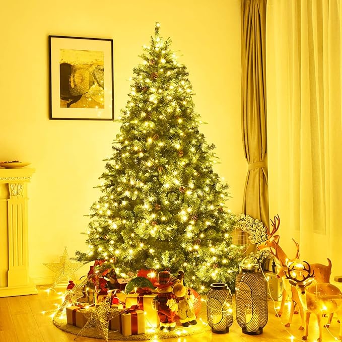 GOFLAME 7ft Artificial Pre-lit Christmas Tree with Warm White LED Lights and Pine Cones, Home Holiday Décor, Hinged, 925 Branches for Indoor Decoration Easy Setup