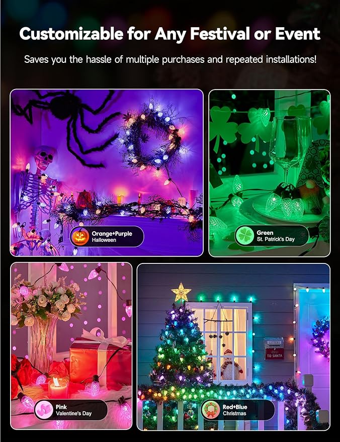 Minetom Smart C9 Christmas Lights Outdoor, 200 LED 213FT Christmas Color Changing Fairy Lights App Control, Music Sync, 105 Preset Modes, Connectable RGB C9 String Lights for House Indoor Xmas Decor