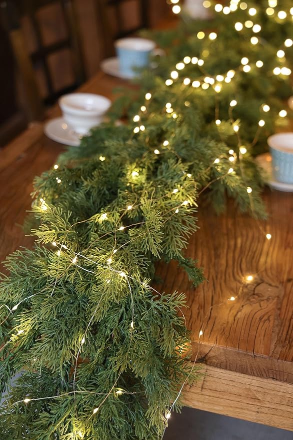 MISSPIN Christmas Garland with Lights, Real Touch Winter Pine Garland, Green Artificial Greenery Garland for Table, Mantle, Wall, Indoor, Outdoor Christmas Decorations