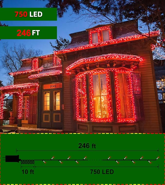 750 LED Outdoor Christmas Lights Decorations, 246ft Green Wire LED Christmas String Lights with Timer Memory, Twinkle Lighs for Indoor Outdoor Xmas Party Christmastree Wedding Garden Patio Red