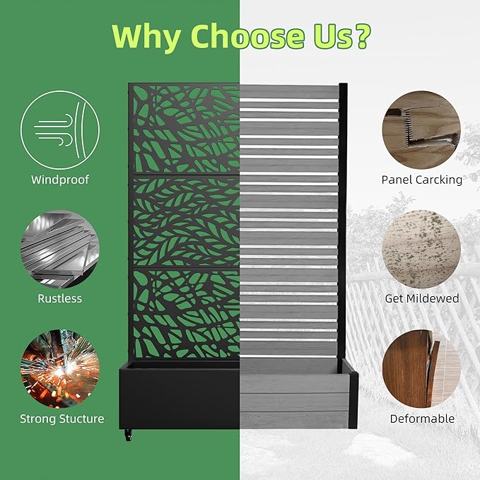 Casaphoria Metal Raised Garden Bed with Trellis and Wheels, 72"x 47"x 16" Planter Box for Climbing Plants, Vegetables & Vines, Features Drainage Holes and Privacy Screen,Black(Black-Spring&Net)