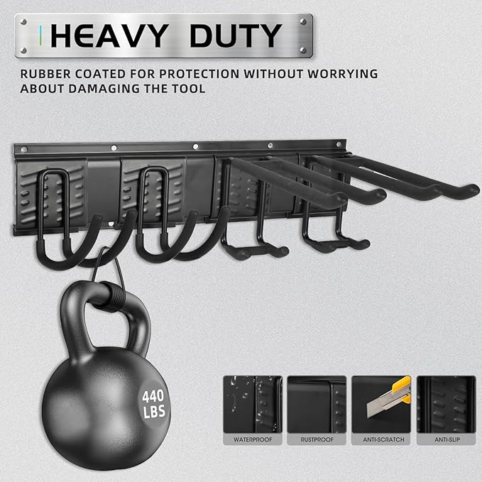 Garage Tool Organizer Wall Mount, Heavy Duty Garage Organization Tool Storage Utility Rack, Sturdy Storage Rack Hanger with Adjustable Hooks, Garden Tool Organizer for Shovel, Rake, Folding Chair