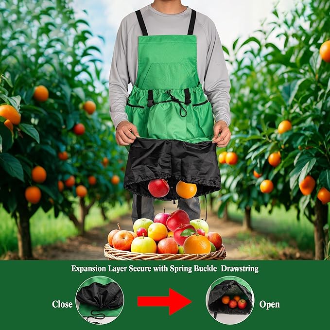 Gardening Apron for Women & Men, Garden Aprons with Pockets and Interal Drawstring Bag, Waterproof Adjustable Cross Back Harvest Apron for Fruit Picking Storage Weeding Garden Gift