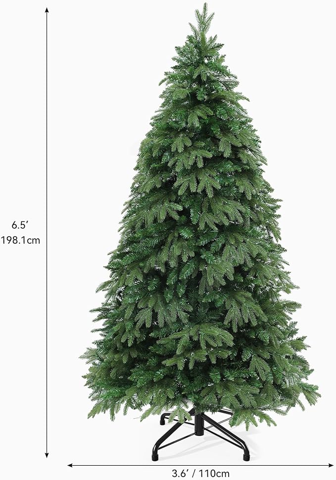 DWVO 6.5ft Pre-lit Artificial Christmas Tree with 1100 Mixed PE & PVC Branch Tips and 350 Lights, Green Christmas Tree, Fit for Home, Office, and Party Decoration