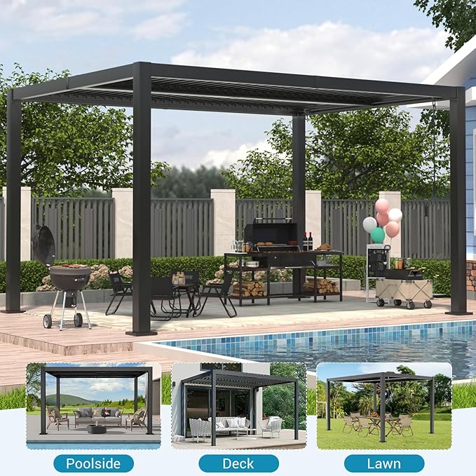 LVUYOYO Outdoor Louvered Pergola 10' x 13', Aluminum Pergola with Adjustable Roof, Waterproof Metal Gazebo for Patio, Backyard, Garden, Deck (Black)