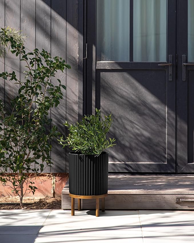 Veradek Demi Series Round Planter w/ Stand for Porch/Patio | Durable Plastic-Concrete & Wooden Stand | Modern Décor for Tall Plants, Flowers